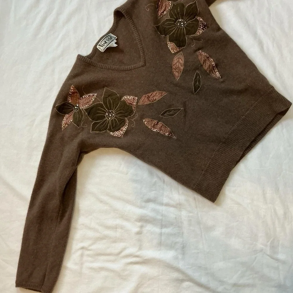 Vanessa Vintage Brown Floral Brown V Neck Sweater Boho Cottagecore Size Medium